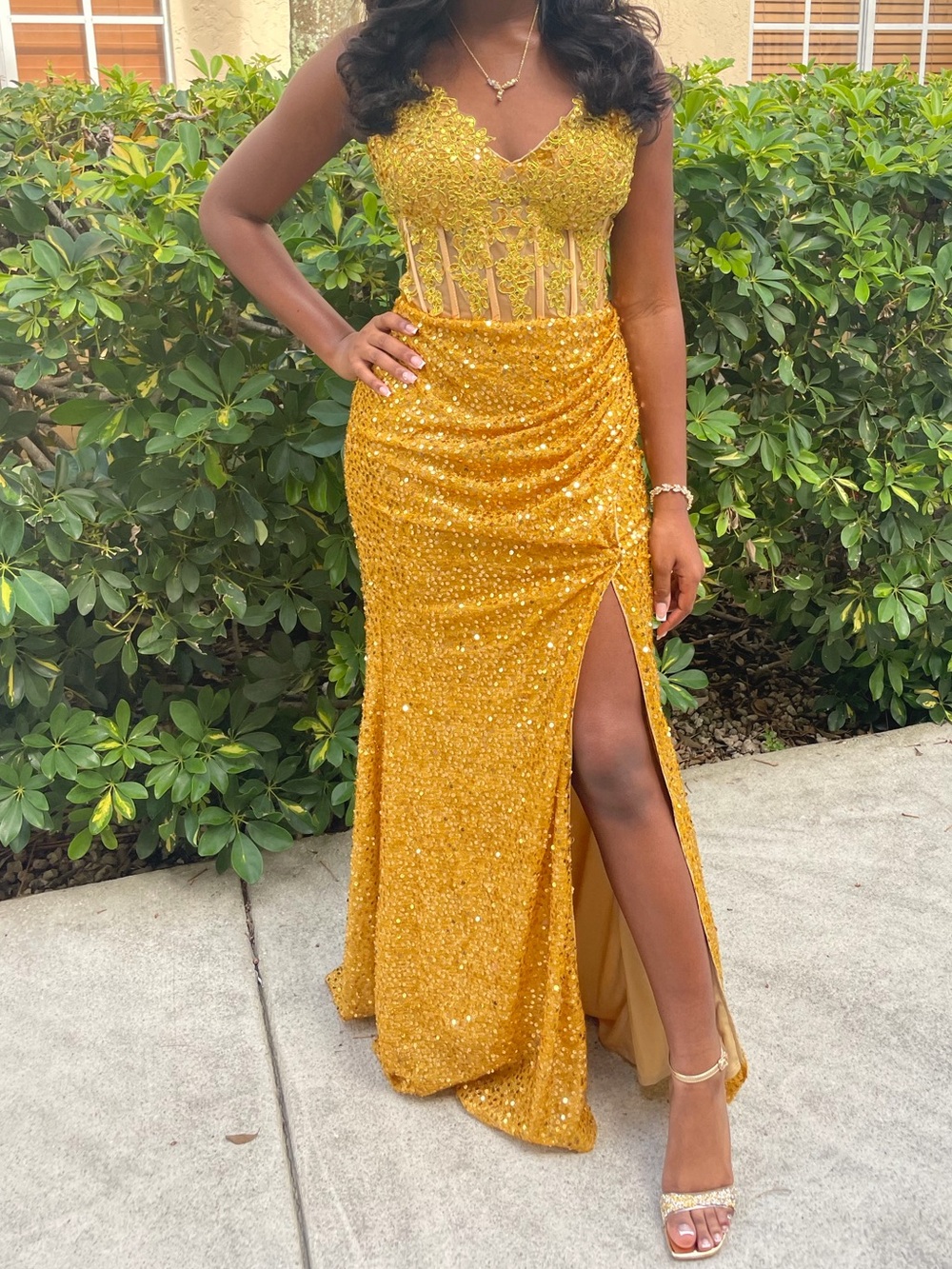 Gold Sequin Lace Corset Mermaid Prom Evening Gown